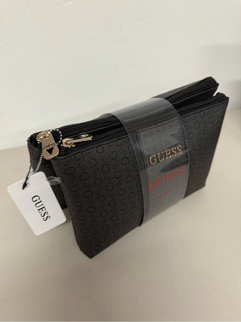 Guess Embossed Cosmetic Pouch Bag 2 pcs Set Full Zipper Black With Print logo